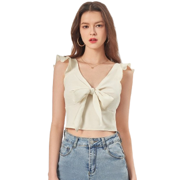 Lovito Women Casual Plain Lace Up Frill Tie Front Crop Tank Top L68ED061 (Apricot/Black)