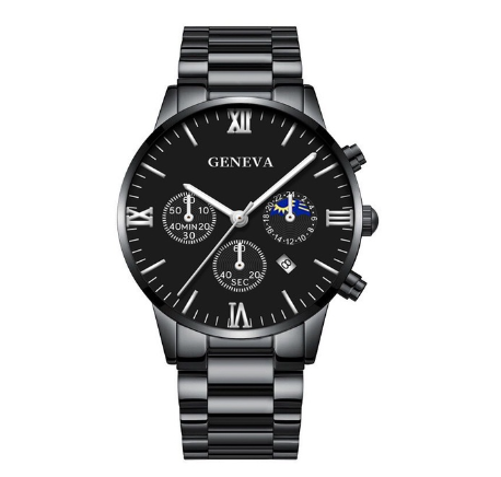 GENEVA High Quality Luxury Silver Mens Full Steel Business Quartz Wacthes Mens Original Waterproof Fashion Wristwatch Men Watch Relo BLACK SILVER