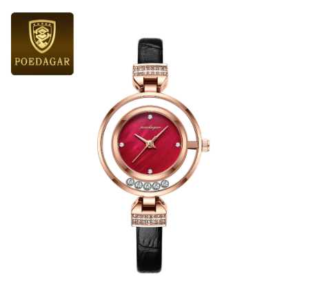 POEDAGAR genuine leather watch for women original waterproof korean style 2023 new fashion elegant diamond double ring dial design RED