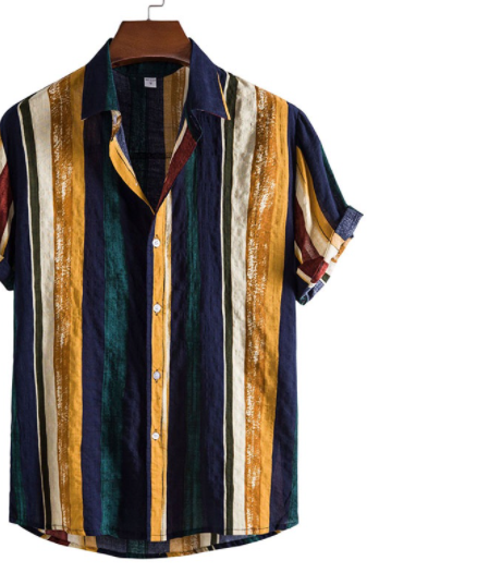 Men's Fashion Casual Striped Printed Short Sleeve Shirt Button Up Lapel Polo Shirt Plus Size