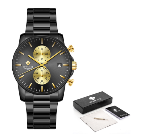 Wwoor Sports Watches Mens Luxury Brand Stainless Steel Quartz Watch Chronograph Date Wristwatch Business Male Watch BLACK GOLD