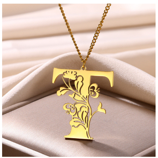Beauty Flower A-Z Letter Necklaces for Women Men Stainless Steels Flower Initial Pendant Necklace T