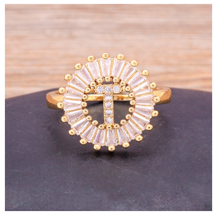 Initial 26 Alphabet Adjustable Size Gold Color Zircon A-Z Letter Ring Statement Name Jewelry T