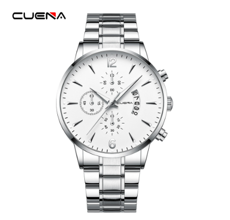 Original CUENA Men's Watches Fashion Slim 43CM Dial Casual Business Sports Stainless Steel Waterproof Quartz Analog Watch SILVER WHITE