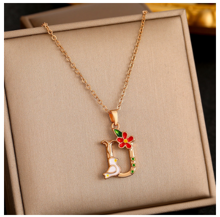 26 Letter Gold Pendant Necklace Dropped Oil Flower Animal Letter Necklace Fashion Men's and Women's Gift Wholesale D