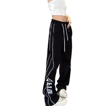 Lovito Casual Letter Contrast Binding Lace Up Tapered Mid Waist Pants for Women LNE09014 (Black)