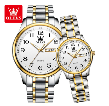 Olevs Couple Watch Quartz Waterproof Calendar Digital Dial Stainless Steel Strap Watch WHITE DIAL TWO TONE