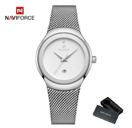Naviforce Women Fashion Dress Quartz Stainless Steel Waterproof Simple Wristwatch SILVER