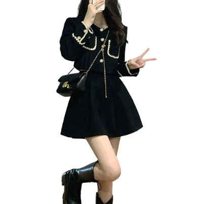 Lovito Women Contrast Binding Side Zip With Pockets Skirt Set LNA29534 (Black)