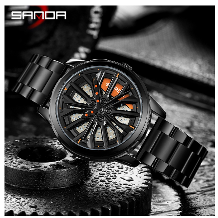 Sanda Fashion Pioneer Car Lover Cool Spinning Hub Racing Style Quartz Watch Style Luxury Watch BLACK STEEL STRAP