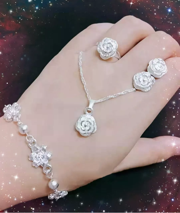 925 Silver Necklace Bracelet Earrings ring 4in1
