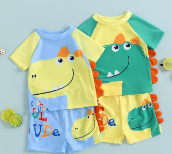 Babybaby-Toddler Boys Summer 2PCS Swimwear, Short Sleeve O Neck Tops + Dinosaur Print Shorts