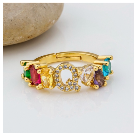 Hot Sale Adjustable A-Z 26 Initial Ring Bohemian Copper Zircon Rainbow Letter Rings for Women Girls Jewelry Q