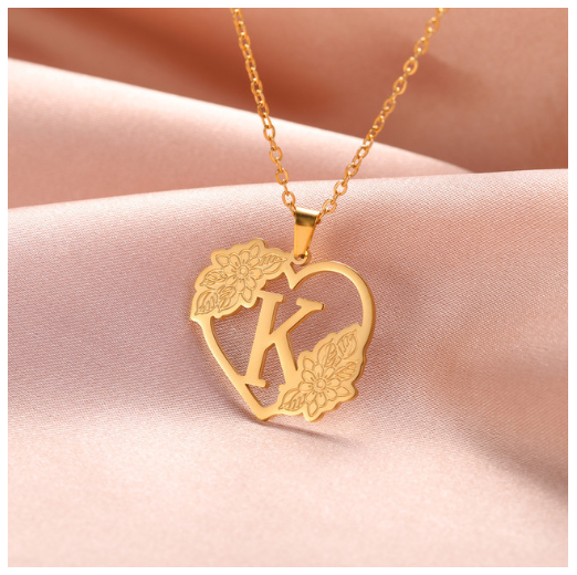 A-Z Initial Flower Necklace Women Stainless Steel Letter Heart Pendant Necklace Choker K