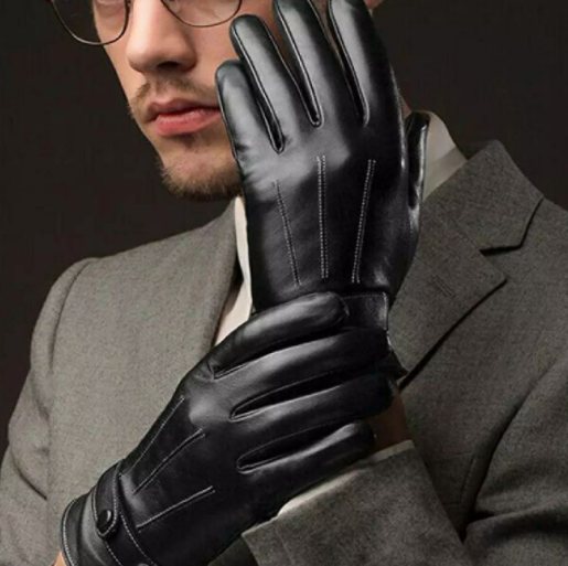 Men Touch Screen Gloves Black Button Warm Mittens Luxurious PU Leather Driving