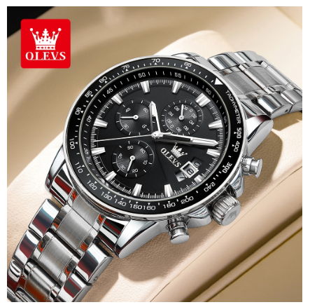 Olevs Watch For Men Waterproof Original Quartz Luminous Calendar Stainless Steel Watch BLACK DIAL SILVER CASE