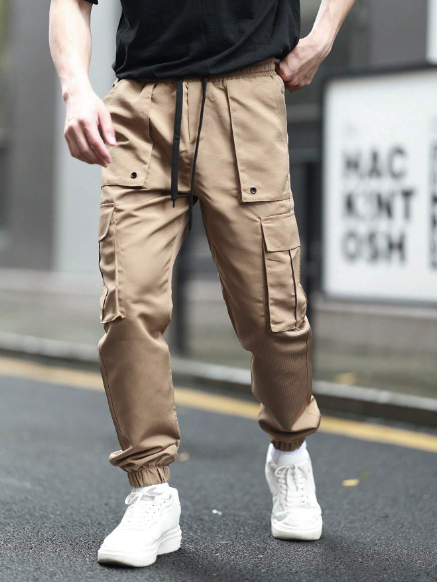 Manfinity Hypemode Men Workwear Loose Fit Casual Trousers With Drawstring Waist And Pockets