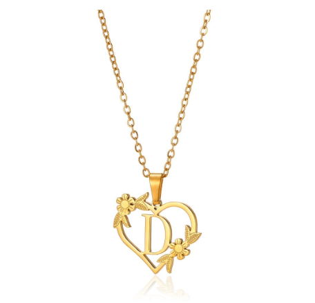 New Personalized Creative Gold Plated Stainless Steel Love Flower Hollow Heart A-Z Letter Necklace Initial Name Pendant Women's D
