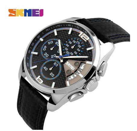 Skmei Quartz Watch Men Leather Strap Waterproof Watch BLUE