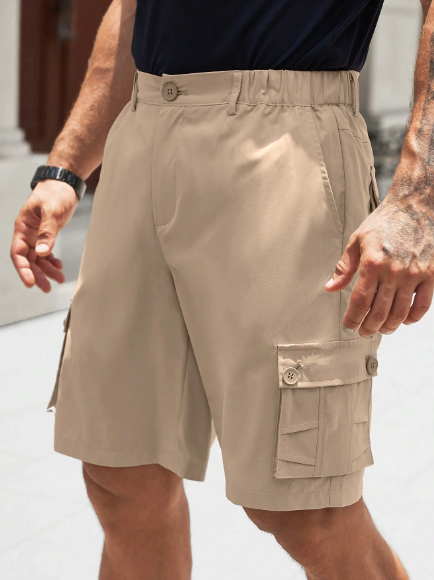 Manfinity Homme Men's Solid Color Workwear Cargo Pocket Loose Fit Casual Shorts