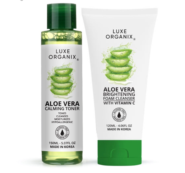 Luxe Organix 99 Percent Aloe Vera Brightening Micro Foam Cleaner Vit C & Aloe Vera Calming Toner Bundle