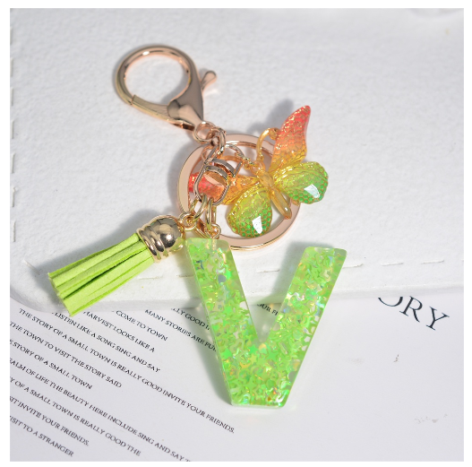 Glitter Green 26 Letter Resin Keychain Fashion Sequin Filled A-Z Alphabet Keyrings For Women Car Key Holder Accessories Souvenir V