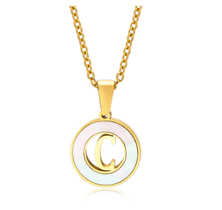 Vnox 18K Gold Stainless Steel Letters Pendant Necklace,Round Hollow 26 Alphabet Necklace for Women C