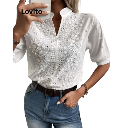 Lovito Women Lace A Line Blouse LNE21087 (White)