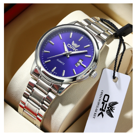 OPK Watch For Men WaterProof Original Stainless Steel Leather Strap Fashion Luminous Calendar Quartz Mens Watches BLUE DIAL SILVER STRAP