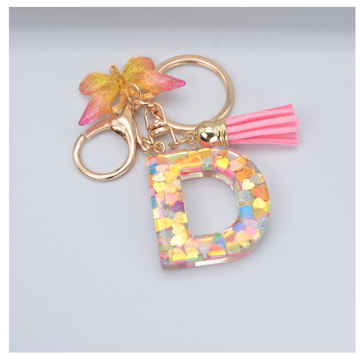 Exquisite 26 Letter Resin Keychain with Pink Tassel Gradient Butterfly Pendant Key Ring Women Bag Ornaments Accessories D