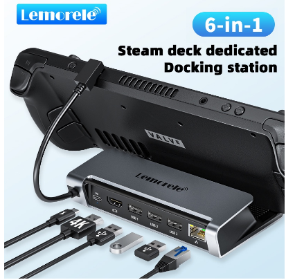 Lemorele 6-In-1 Steam Deck Dock Station Gigabit Ethernet 4k HDMI 3 X Usb-A Port 100w Pd Fast Charging Is Compatible With Valve