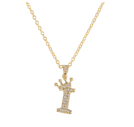 Luxury Crystal Zircon Alphabet Pendant Necklaces for Women Men Gold Crown Initial Letter Necklace I