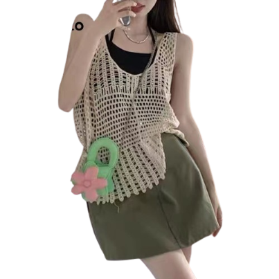 Lovito Women Eyelets Sheer V Neck Sleeveless Knit Top Lne01025 (Apricot)