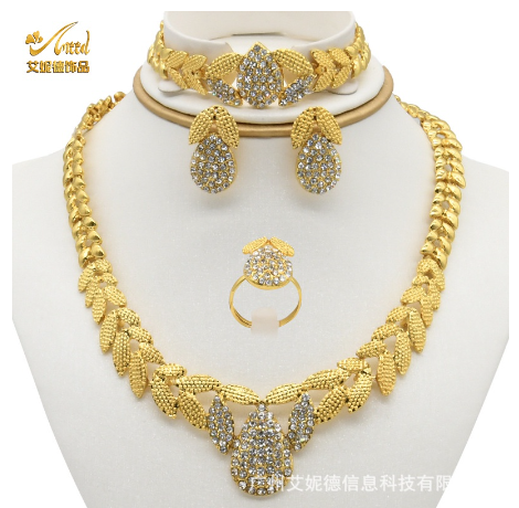 Bridal 24k Gold Necklace Ring Earring Bracelet Four Piece Indian Women Jewelry Set