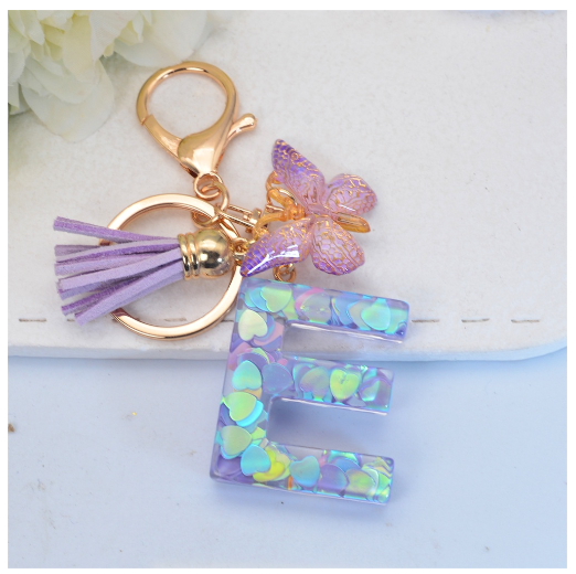Sparkling 26 Letter Keychain With Butterfly Pendant Exquisite Heart Sequin Filled A-Z Initials Keyrings Bag Pendant Charms Gifts E