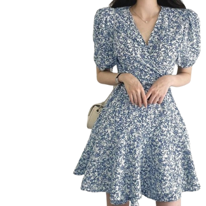 Lovito Women Wrap Puff Sleeve Dress L68ED193 (Blue)