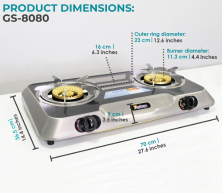 Astron GS-8080 Heavy Duty Cast Iron Double Burner Gas Stove | Stainless Steel Body