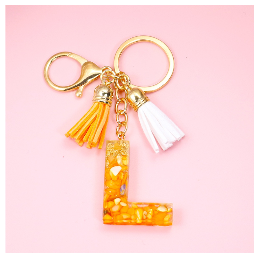 Tassel Gold Foil A-Z 26 Letter Pendent Keychain for Women Orange Resin Keyrings Girls Bag Ornamant Accessories Charms Gifts L