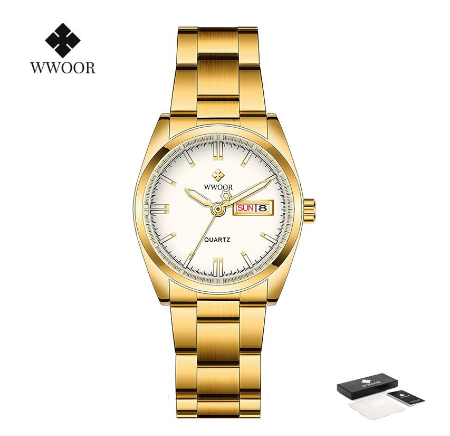 Wwoor Women Watches Stainless Steel Quartz Wrist Watch Creative Design Ladies Clock Female Watch WHITE DIAL GOLD CASE STRAP