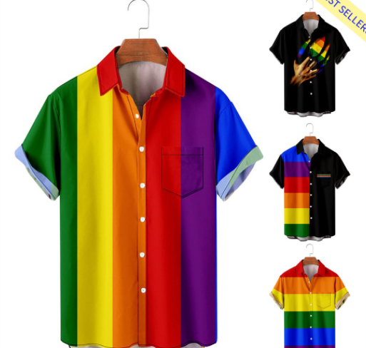 Men Summer Shirt Color Matching Bright Colors Turn-down Collar Single-breasted Short Sleeves Cooling Buttons Rainbow Color Plus Size Beach Shirt Men Clothing