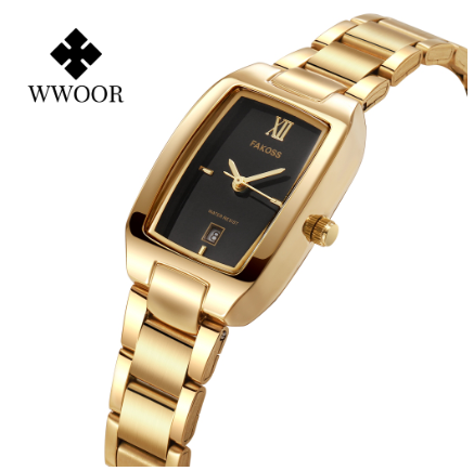 WWOOR Women Casual Stainless Steel Golden Luxury Quartz Wristwatch BLACK DIAL GOLD CASE STRAP