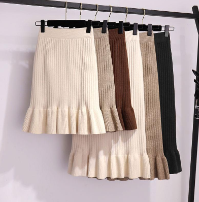 Knitted Skirt Women's Mid-Length Autumn and Winter Ruffled Wrap Skirt Wool One-Step Skirt Fishtail Skirt