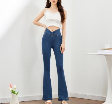 Lovito Casual Plain V-Shape High Waist Flare Leg Denim Jeans for Women L47ED146 Blue