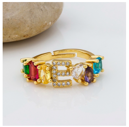 Hot Sale Adjustable A-Z 26 Initial Ring Bohemian Copper Zircon Rainbow Letter Rings for Women Girls Jewelry E