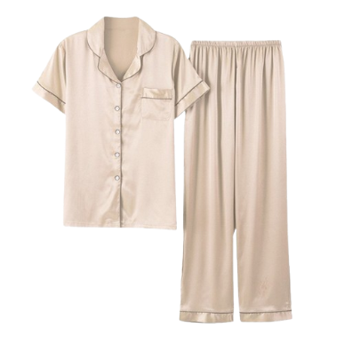 FallSweet Women Pajamas Sets Silk Solid Sleepwear Pyjamas Plus Size V Neck Nigtwear Sets (Beige)