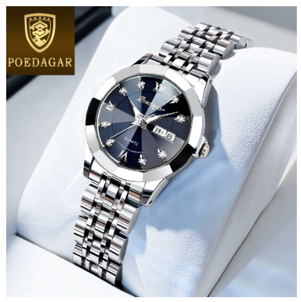 POEDAGAR luxury watch for woman waterproof 2023 sale original korean style business stainless steel luminous calendar wristwatch BLUE