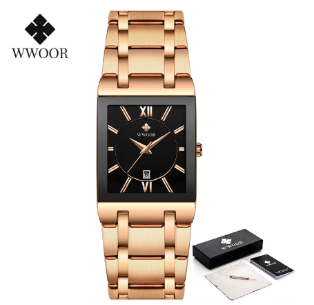 Wwoor Gold Bracelet Watches Men Gevena Square Clock Male Stainless Steel Waterproof Auto Date Quartz Watch BLACK DIAL ROSEGOLD STRAP