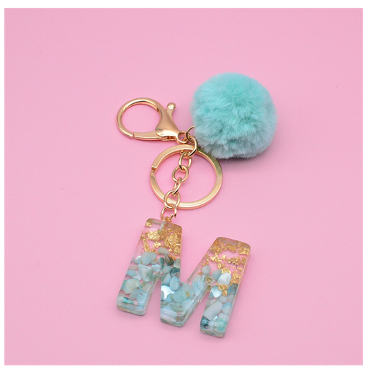 Cute Keyring Green Pompom Fur Ball 26 Letter Keychain Resin Key Chains Handbag Charms For Woman Ornaments Accessories Gift M