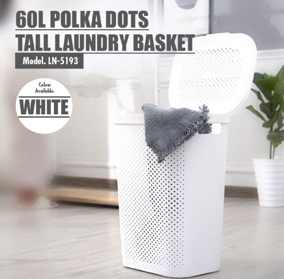 60L Polka Dots Tall Laundry Basket Japanese Style with Cover Dirty Clothes Basket