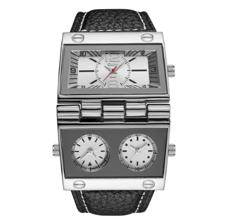 Oulm Unique Design Men's Watch Three Time Zone Men's Military Watches Punk Style Leather Strap Wristwatch WHITE